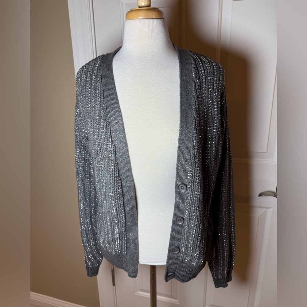 Inc International Concepts Charcoal Rhinestone Shine Button-Up Cardigan-Size L View 4